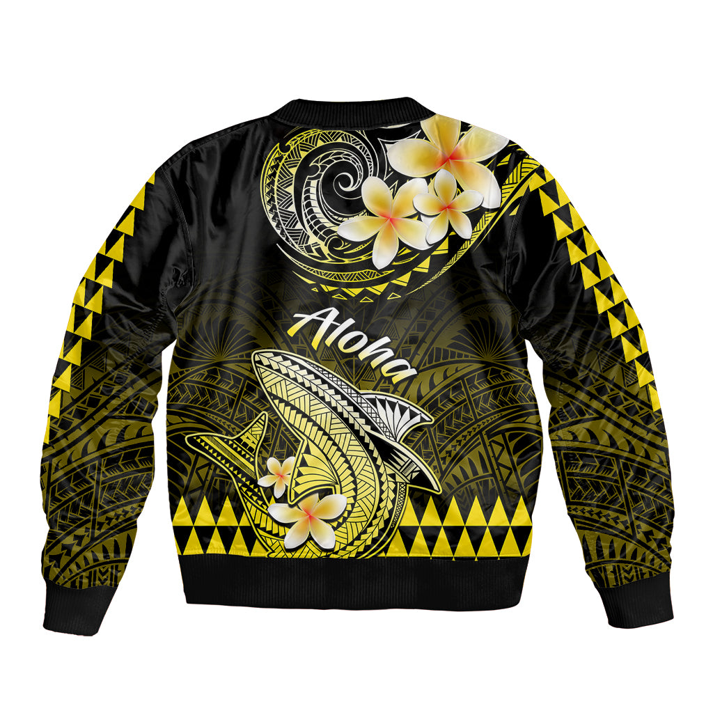 Black bomber jacket with large circular motif, shark graphic, and yellow floral accents