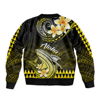 Black bomber jacket with large circular motif, shark graphic, and yellow floral accents