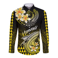 Black long-sleeve button shirt with yellow Polynesian shark and plumeria front print