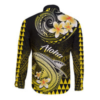 Black long-sleeve button shirt with yellow Polynesian shark and plumeria back print