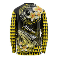 Unisex long-sleeve shirt, black with yellow geometric sleeves, shark and flower back print