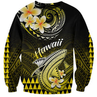 Unisex yellow-and-black sweatshirt with shark, plumeria flowers, and 'Hawaii' graphic