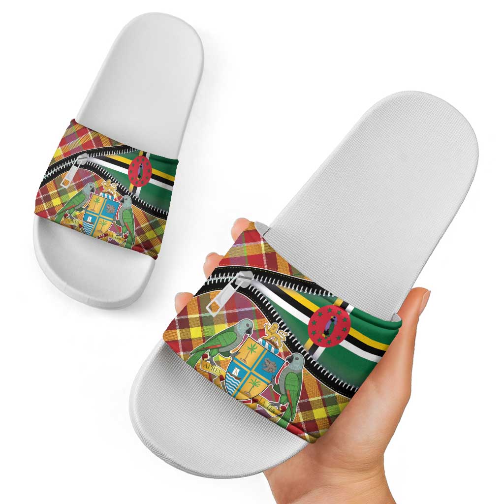Dominica Creole Day Slide Sandals Madras Pattern Zipper Stylized - Wonder Print Shop