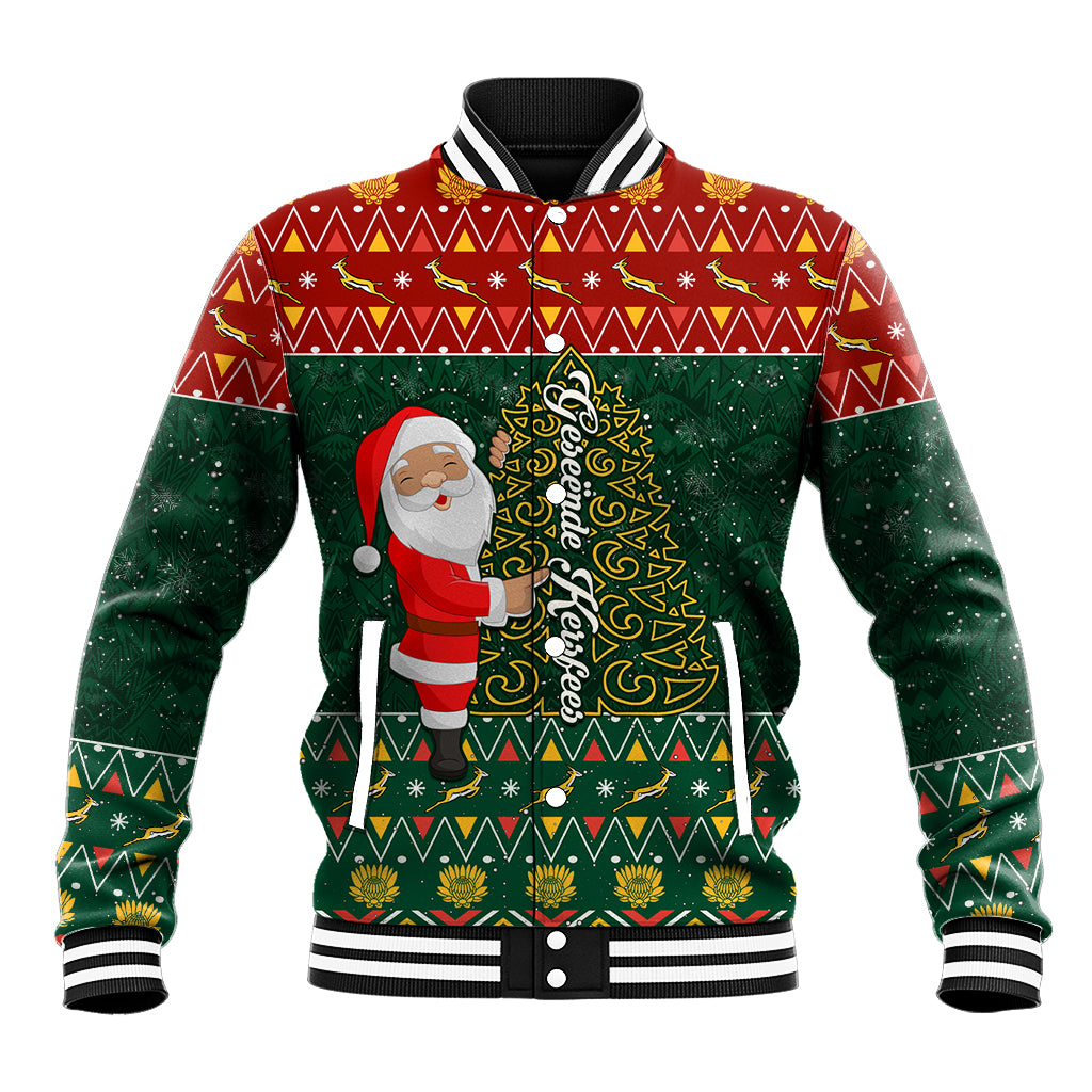 Custom South Africa Christmas Baseball Jacket Geseende Kersfees Santa Claus African Pattern - Wonder Print Shop