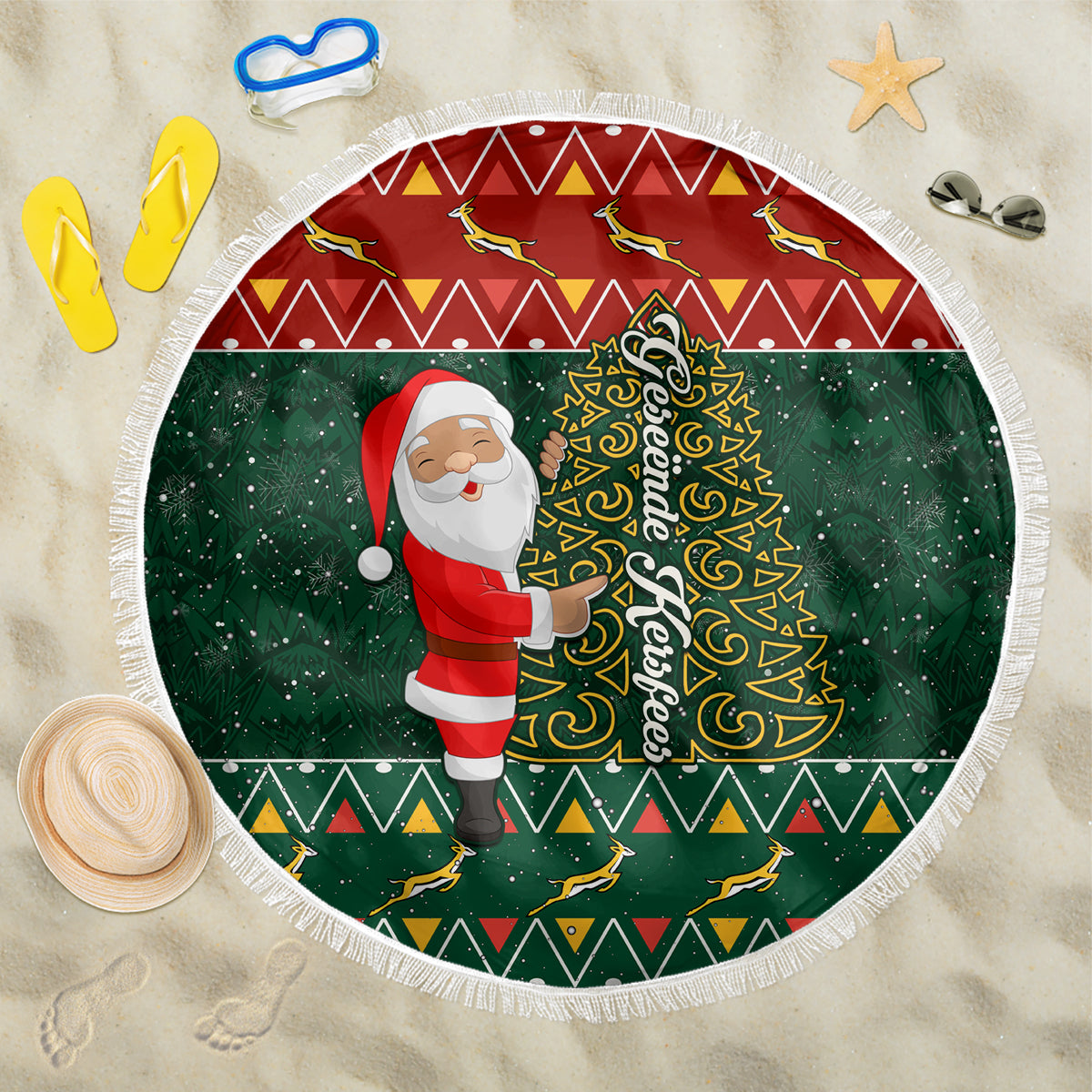 Round Christmas beach blanket with Santa and African pattern, green and red with fringe.