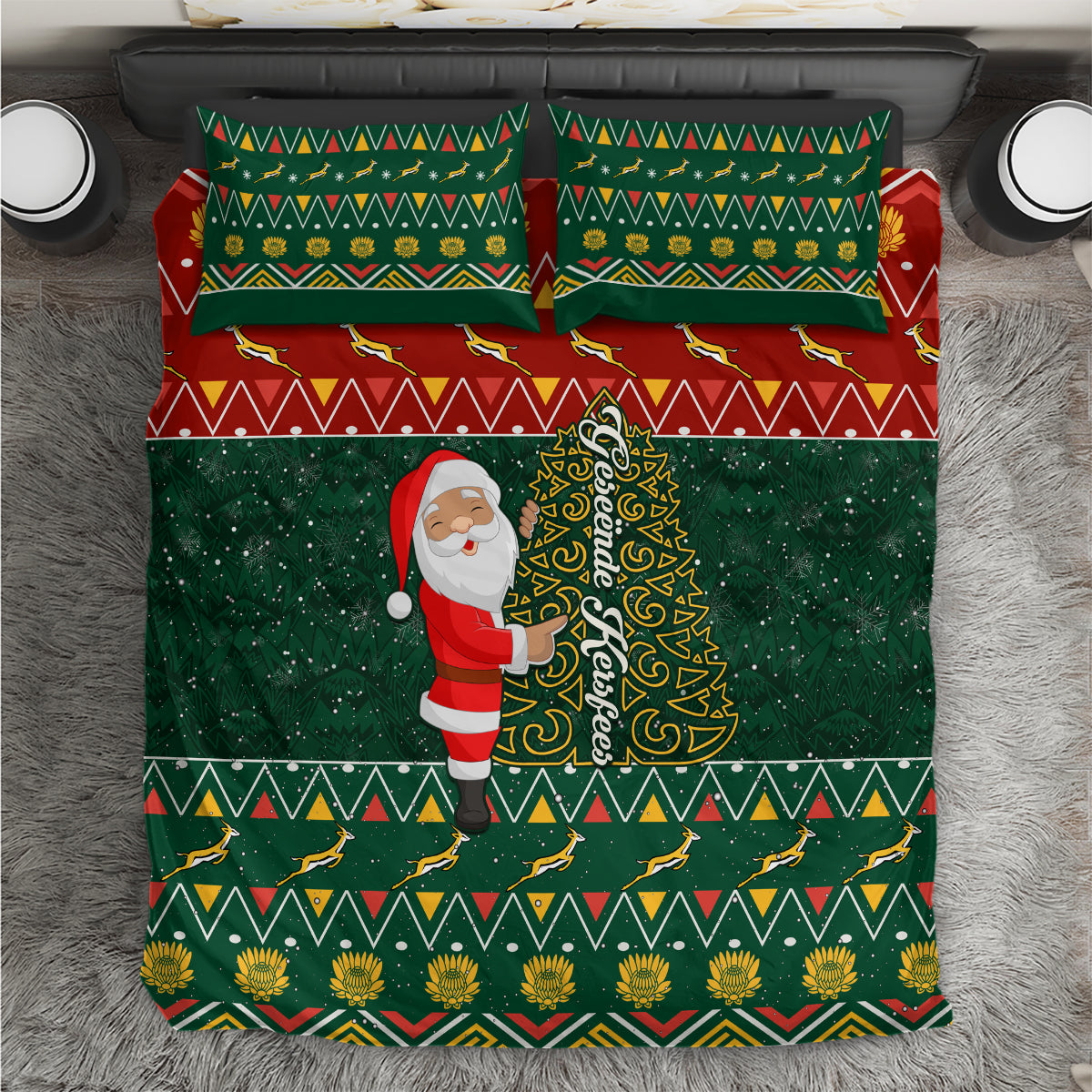 Green Christmas bedding set with Santa, ornate tree, reindeer and zigzag stripe bands