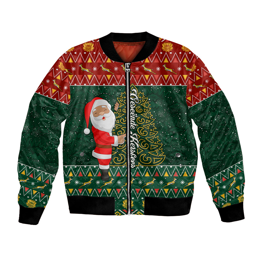 Festive bomber jacket with Santa and Christmas tree graphic, red/green zip front.