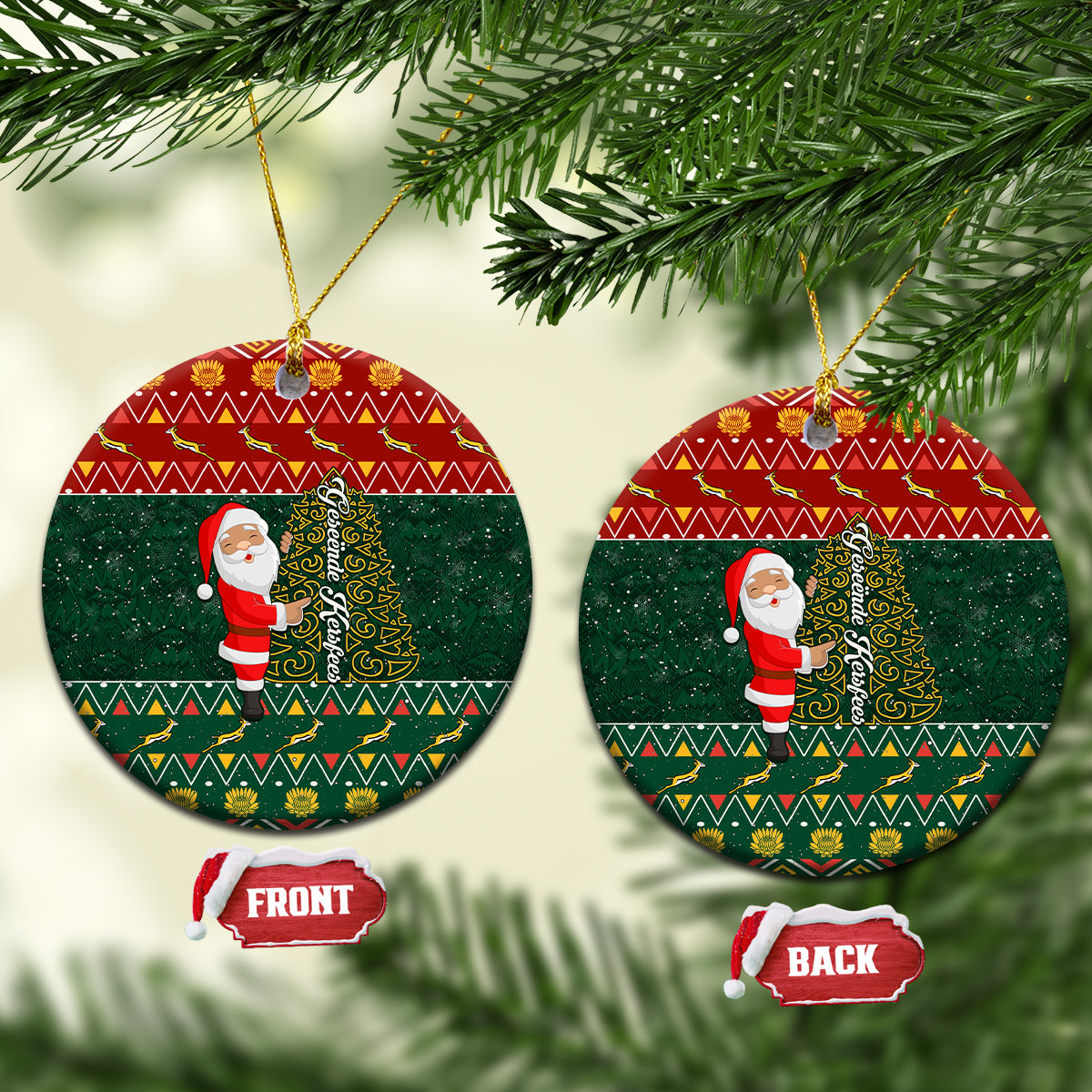 Pair of round ceramic Christmas ornaments with Santa, green-red African pattern, gold loop.