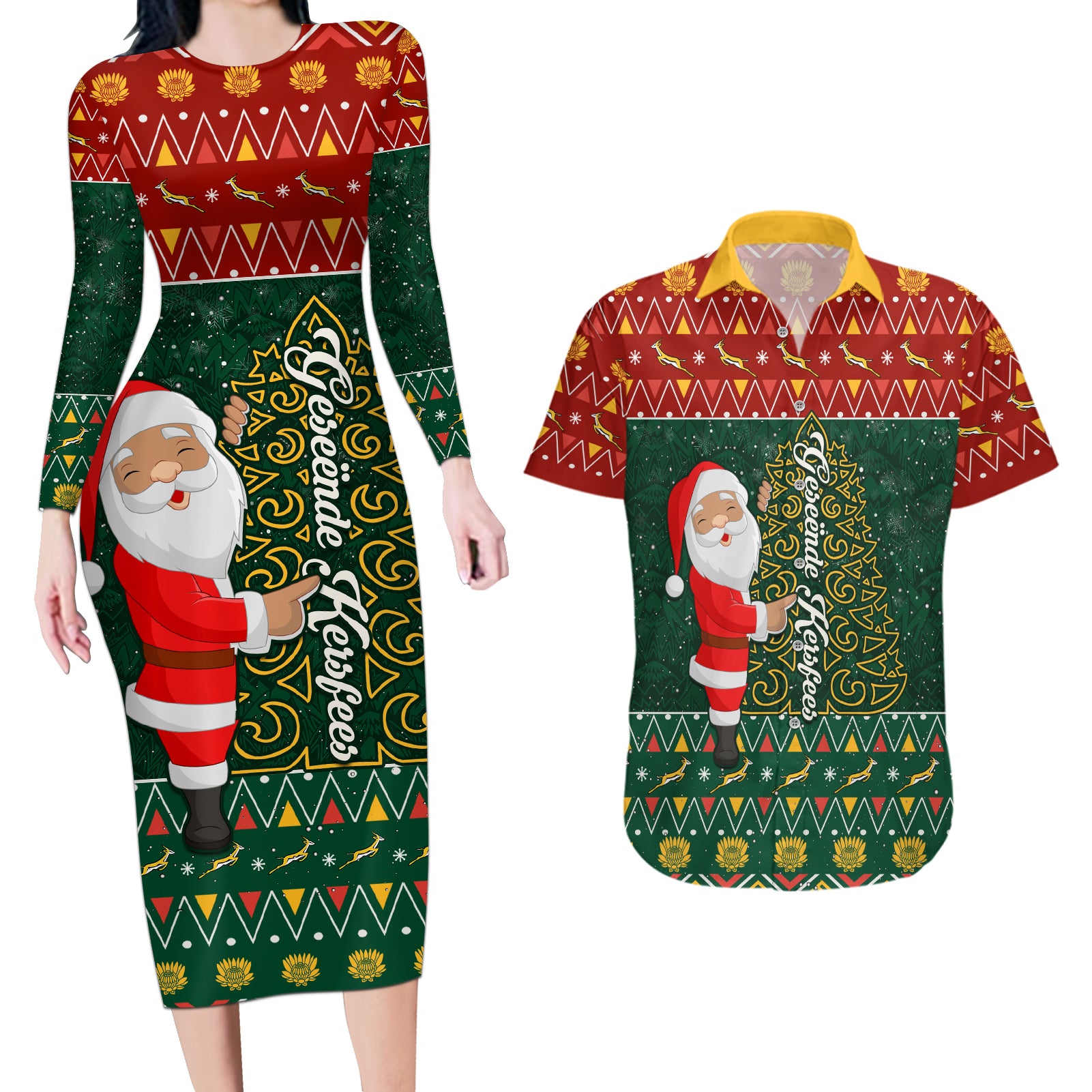 Custom South Africa Christmas Couples Matching Long Sleeve Bodycon Dress and Hawaiian Shirt Geseende Kersfees Santa Claus African Pattern - Wonder Print Shop