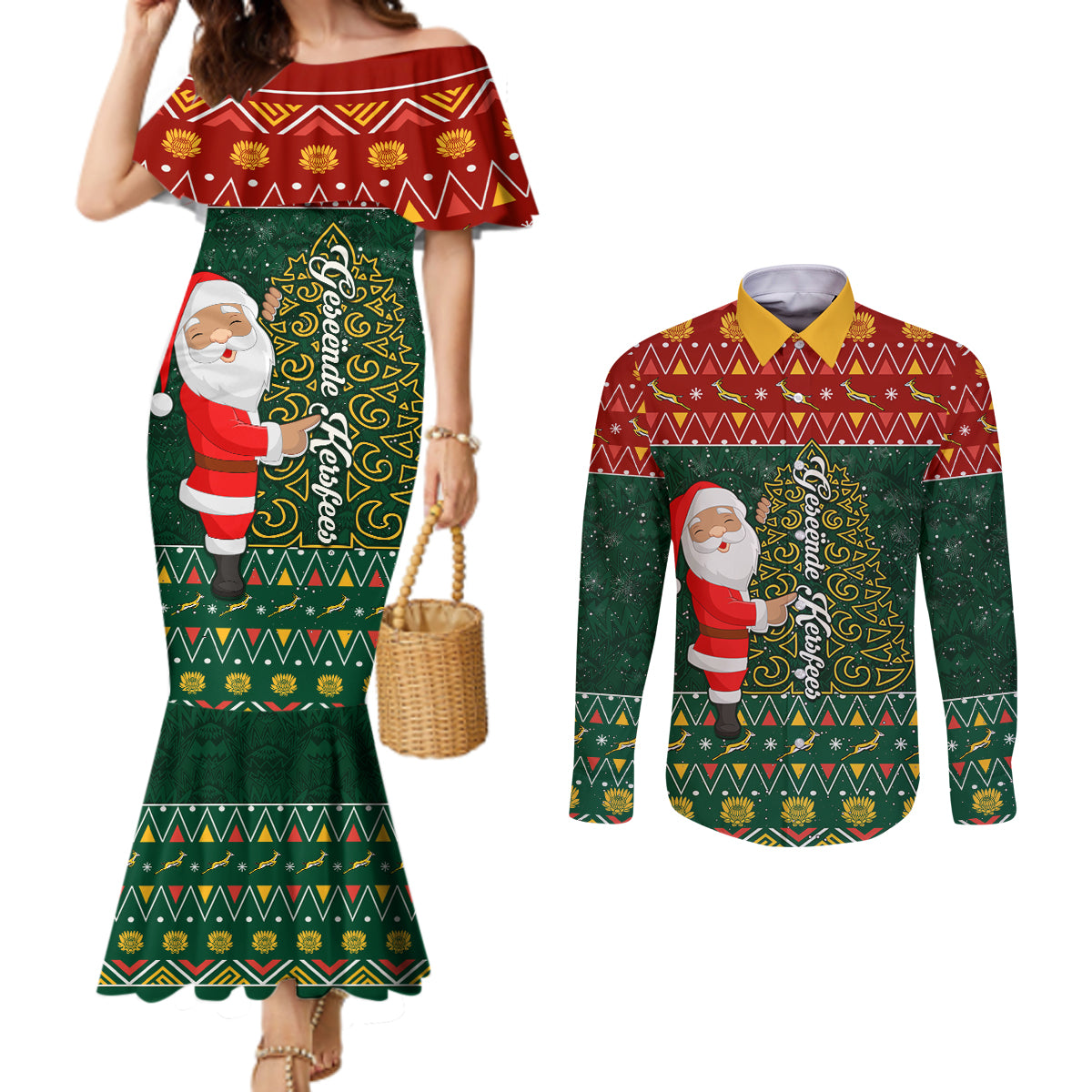 custom-south-africa-christmas-couples-matching-mermaid-dress-and-long-sleeve-button-shirt-geseende-kersfees-santa-claus-african-pattern