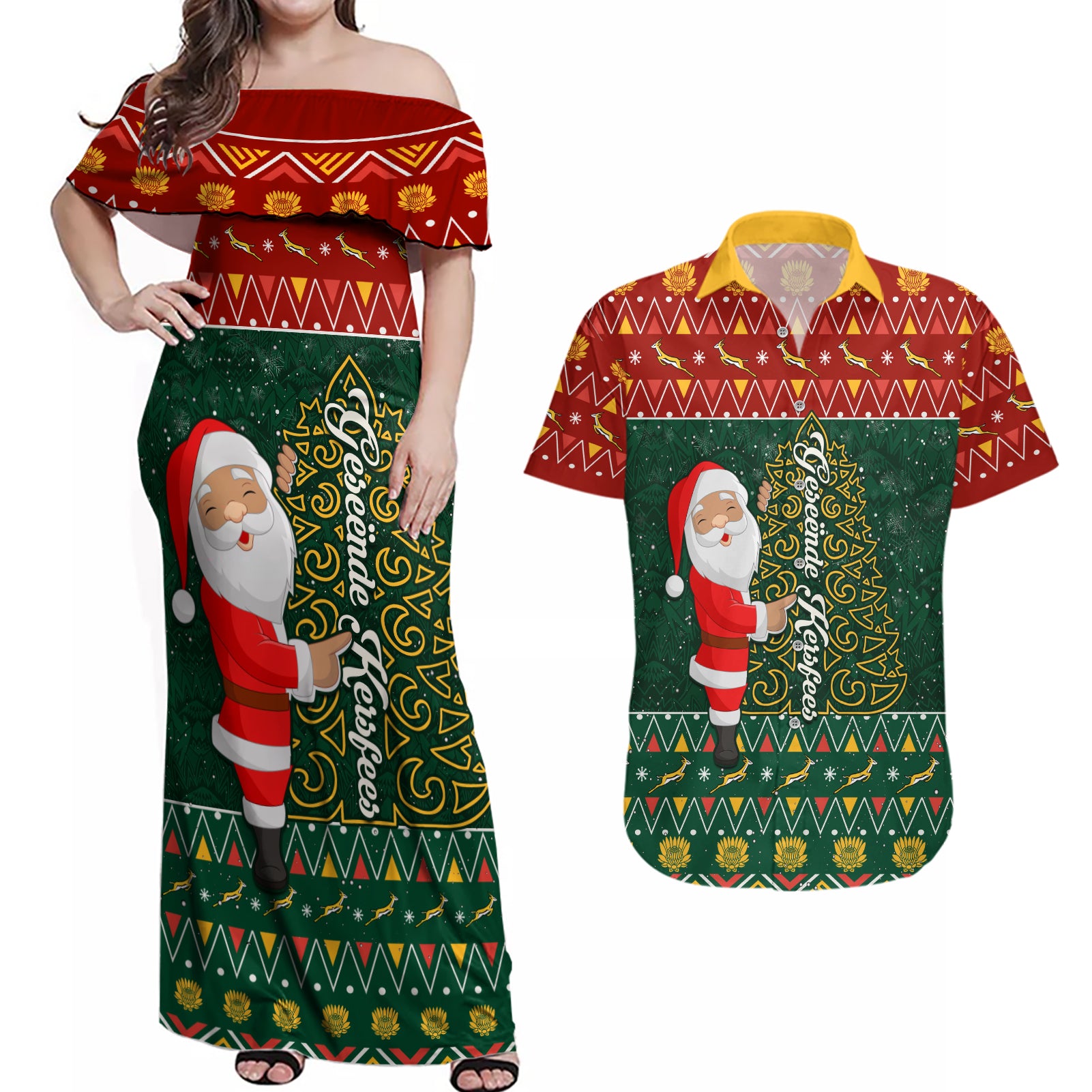 Custom South Africa Christmas Couples Matching Off Shoulder Maxi Dress and Hawaiian Shirt Geseende Kersfees Santa Claus African Pattern - Wonder Print Shop