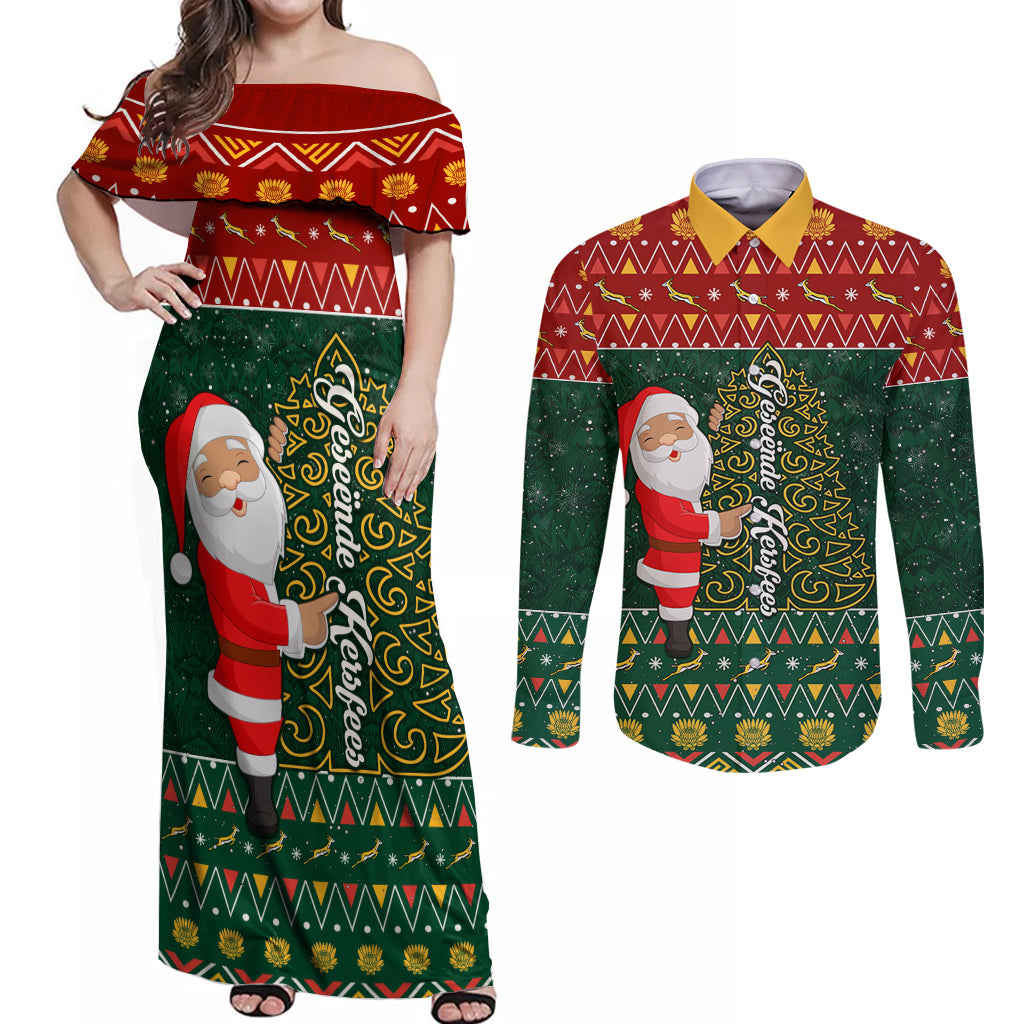 Custom South Africa Christmas Couples Matching Off Shoulder Maxi Dress and Long Sleeve Button Shirt Geseende Kersfees Santa Claus African Pattern - Wonder Print Shop