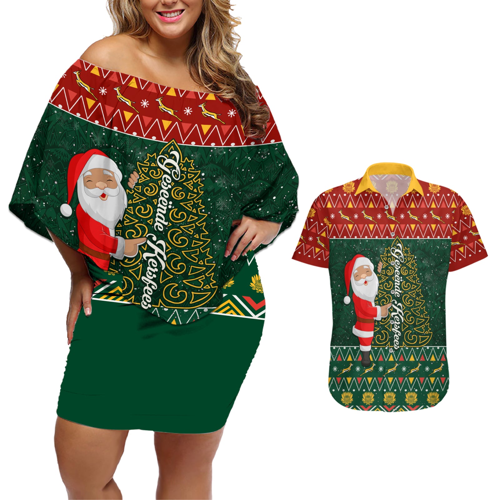 Custom South Africa Christmas Couples Matching Off Shoulder Short Dress and Hawaiian Shirt Geseende Kersfees Santa Claus African Pattern - Wonder Print Shop