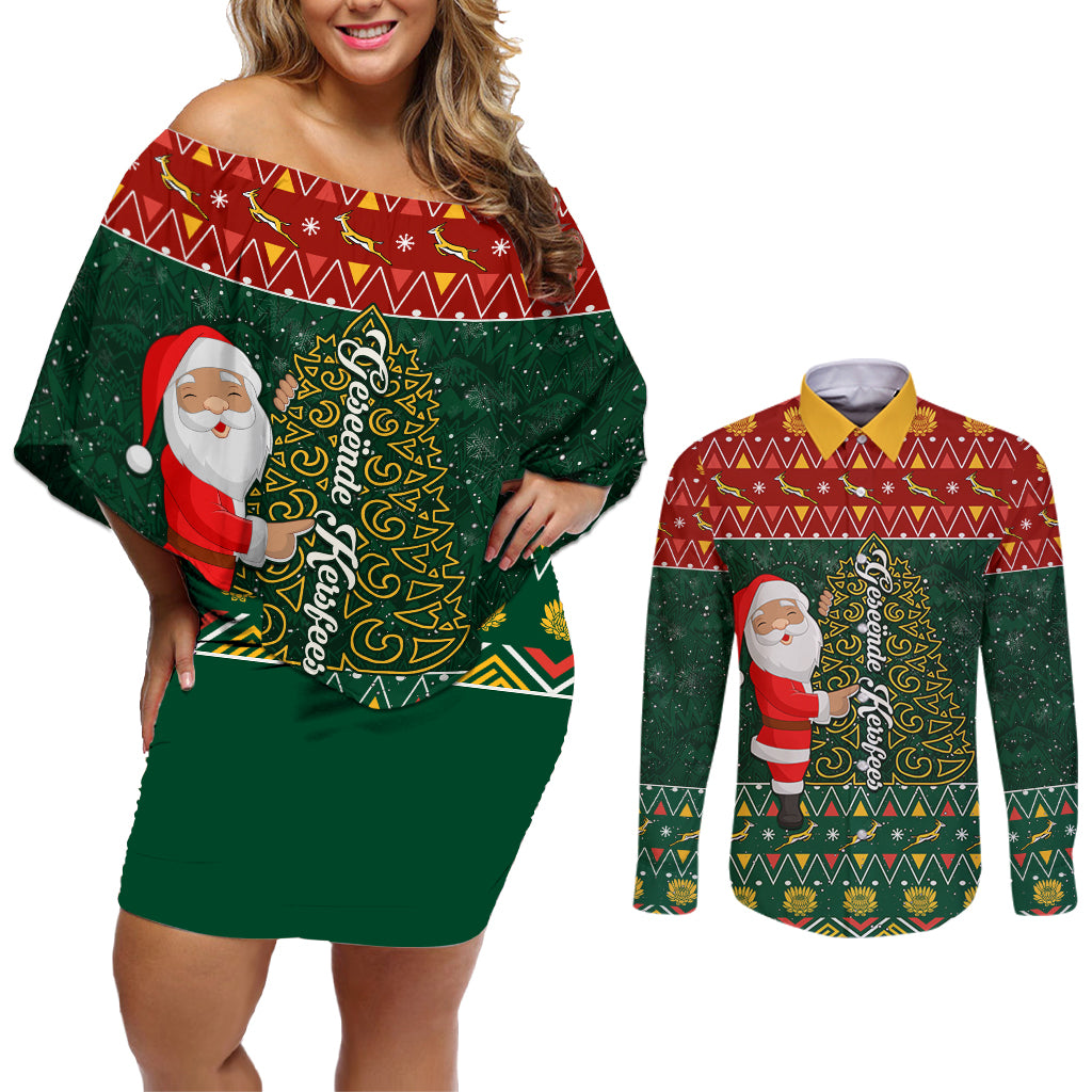 Custom South Africa Christmas Couples Matching Off Shoulder Short Dress and Long Sleeve Button Shirt Geseende Kersfees Santa Claus African Pattern - Wonder Print Shop