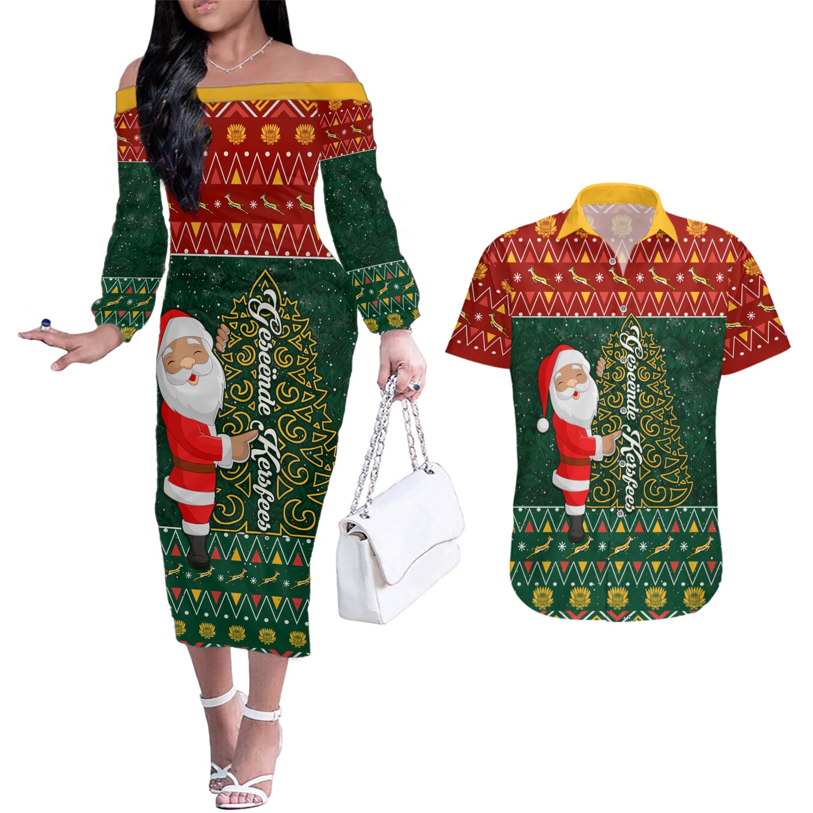 Custom South Africa Christmas Couples Matching Off The Shoulder Long Sleeve Dress and Hawaiian Shirt Geseende Kersfees Santa Claus African Pattern - Wonder Print Shop