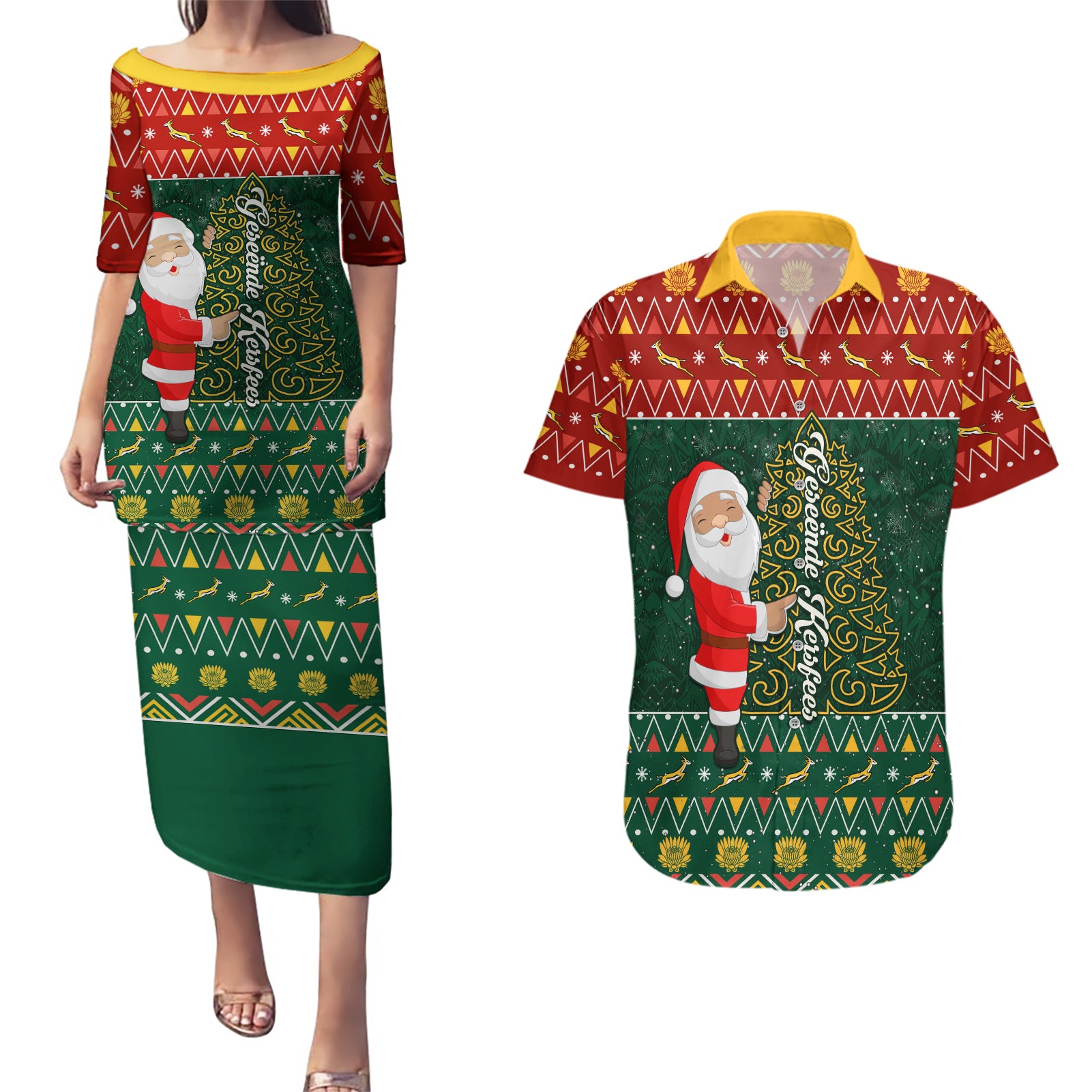 Custom South Africa Christmas Couples Matching Puletasi Dress and Hawaiian Shirt Geseende Kersfees Santa Claus African Pattern - Wonder Print Shop