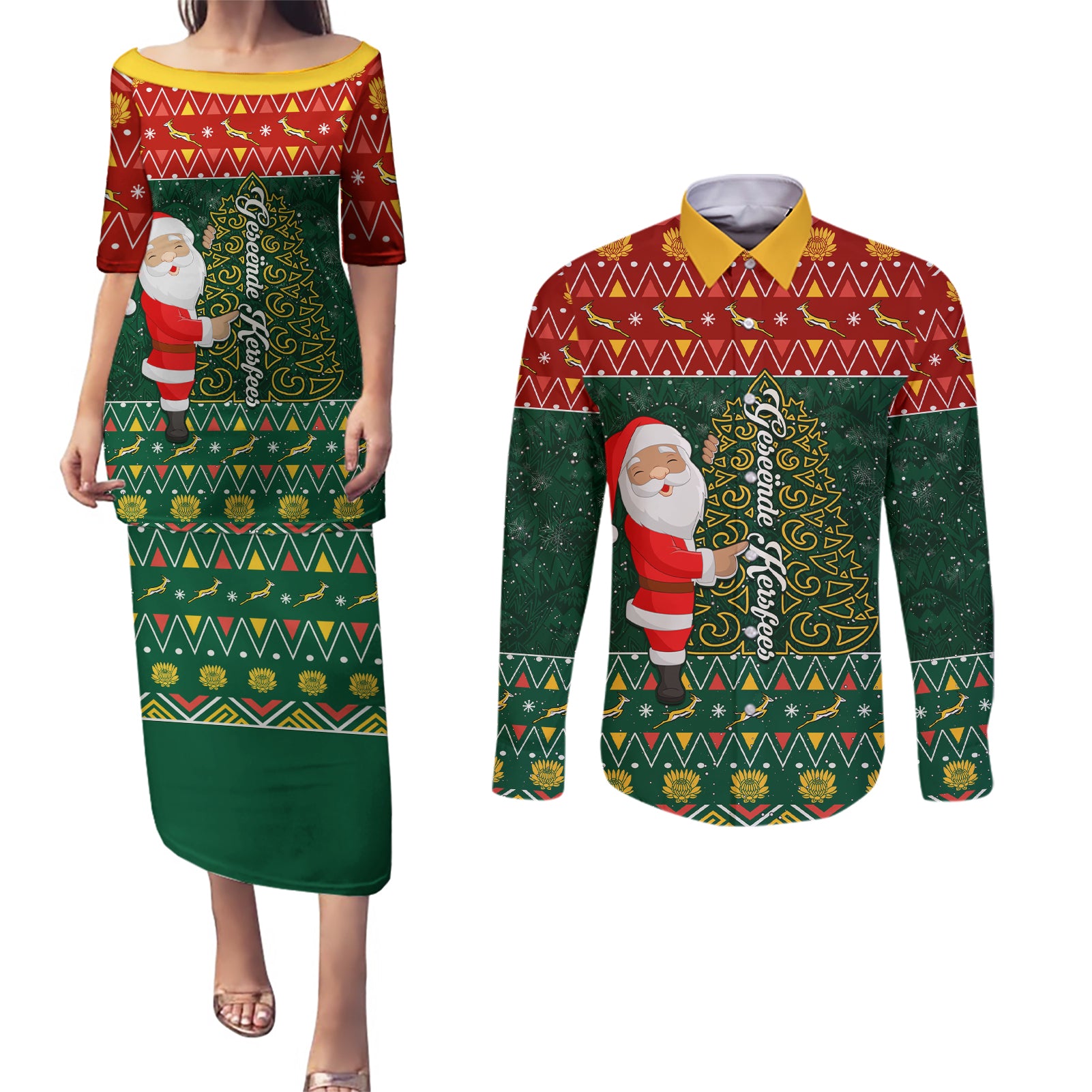 Custom South Africa Christmas Couples Matching Puletasi Dress and Long Sleeve Button Shirt Geseende Kersfees Santa Claus African Pattern - Wonder Print Shop