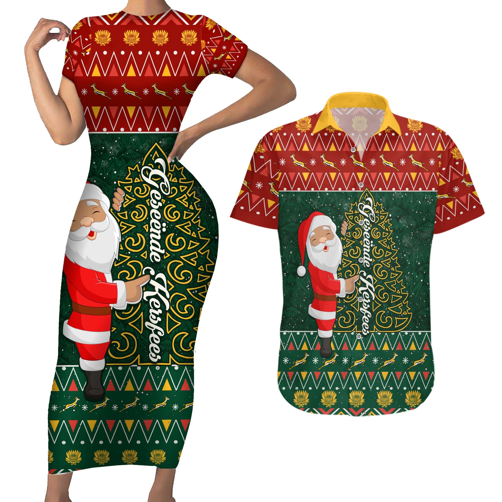 Custom South Africa Christmas Couples Matching Short Sleeve Bodycon Dress and Hawaiian Shirt Geseende Kersfees Santa Claus African Pattern - Wonder Print Shop