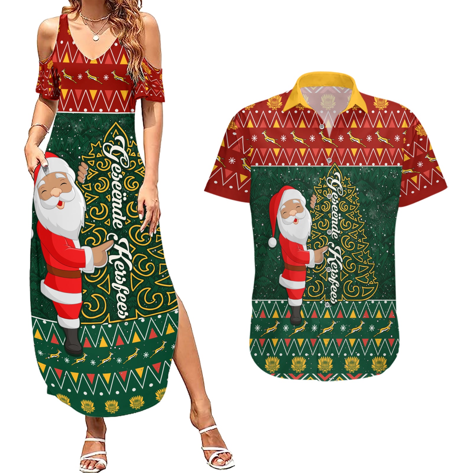 Custom South Africa Christmas Couples Matching Summer Maxi Dress and Hawaiian Shirt Geseende Kersfees Santa Claus African Pattern - Wonder Print Shop