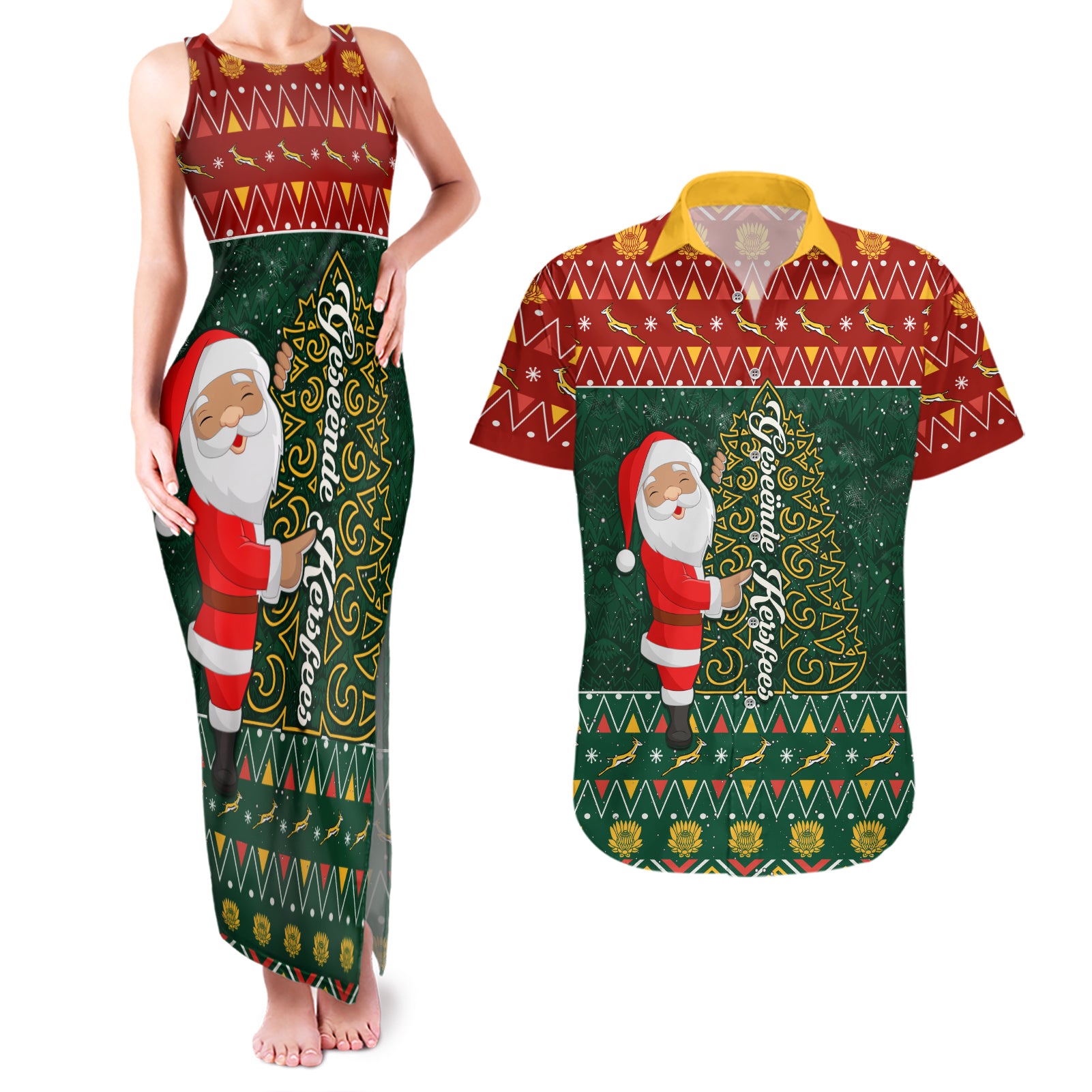 Custom South Africa Christmas Couples Matching Tank Maxi Dress and Hawaiian Shirt Geseende Kersfees Santa Claus African Pattern - Wonder Print Shop