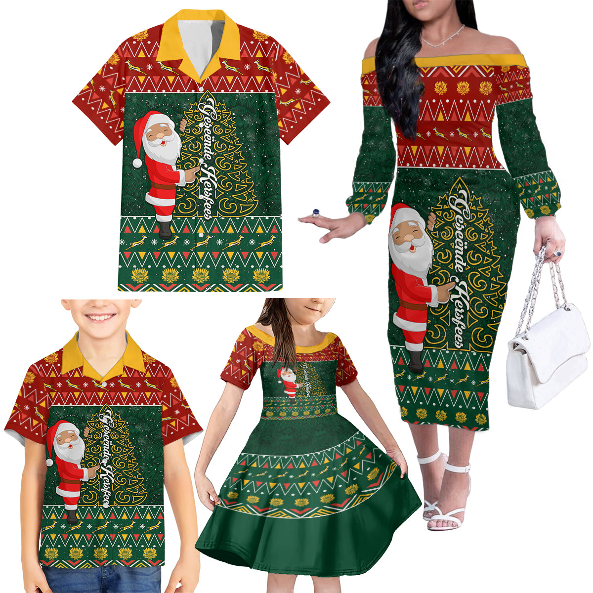 Custom South Africa Christmas Family Matching Off Shoulder Long Sleeve Dress and Hawaiian Shirt Geseende Kersfees Santa Claus African Pattern - Wonder Print Shop