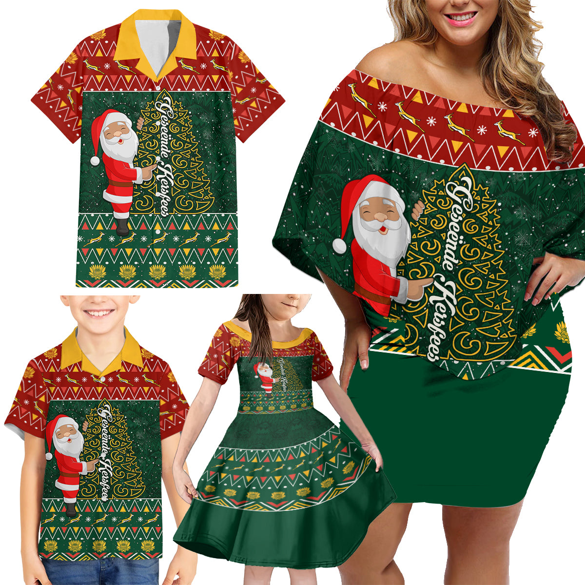 Custom South Africa Christmas Family Matching Off Shoulder Short Dress and Hawaiian Shirt Geseende Kersfees Santa Claus African Pattern - Wonder Print Shop