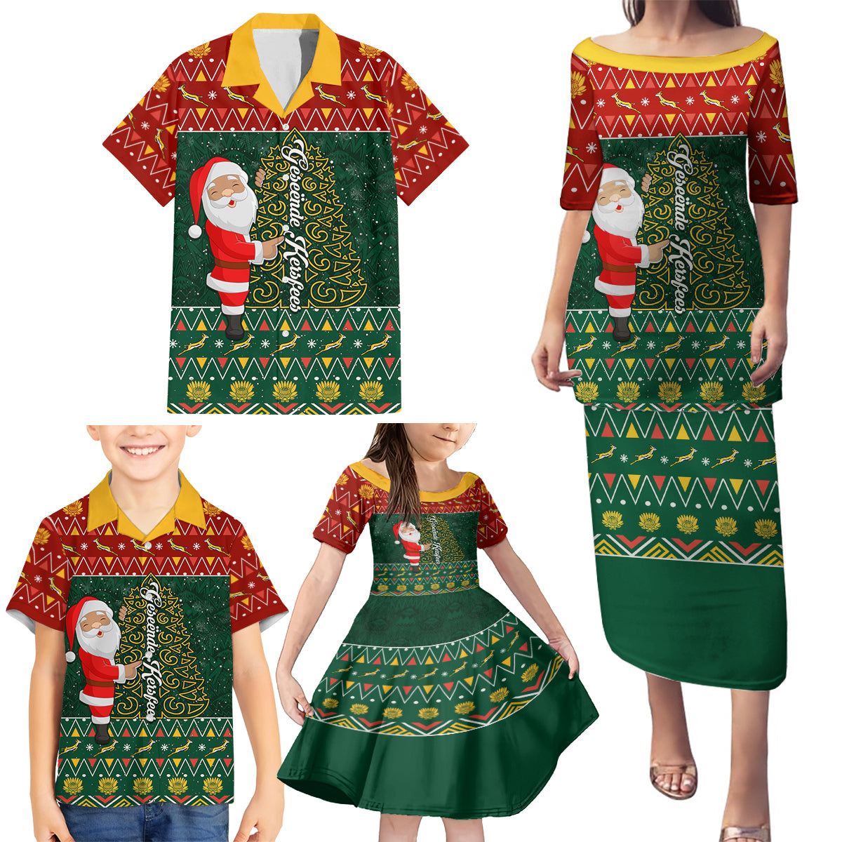 Custom South Africa Christmas Family Matching Puletasi Dress and Hawaiian Shirt Geseende Kersfees Santa Claus African Pattern - Wonder Print Shop