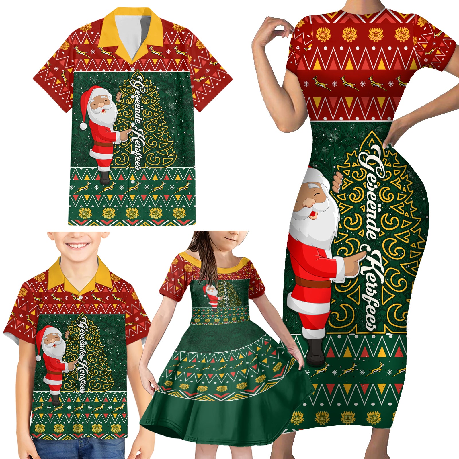 Custom South Africa Christmas Family Matching Short Sleeve Bodycon Dress and Hawaiian Shirt Geseende Kersfees Santa Claus African Pattern - Wonder Print Shop