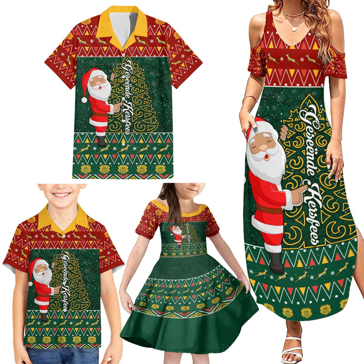 Custom South Africa Christmas Family Matching Summer Maxi Dress and Hawaiian Shirt Geseende Kersfees Santa Claus African Pattern - Wonder Print Shop