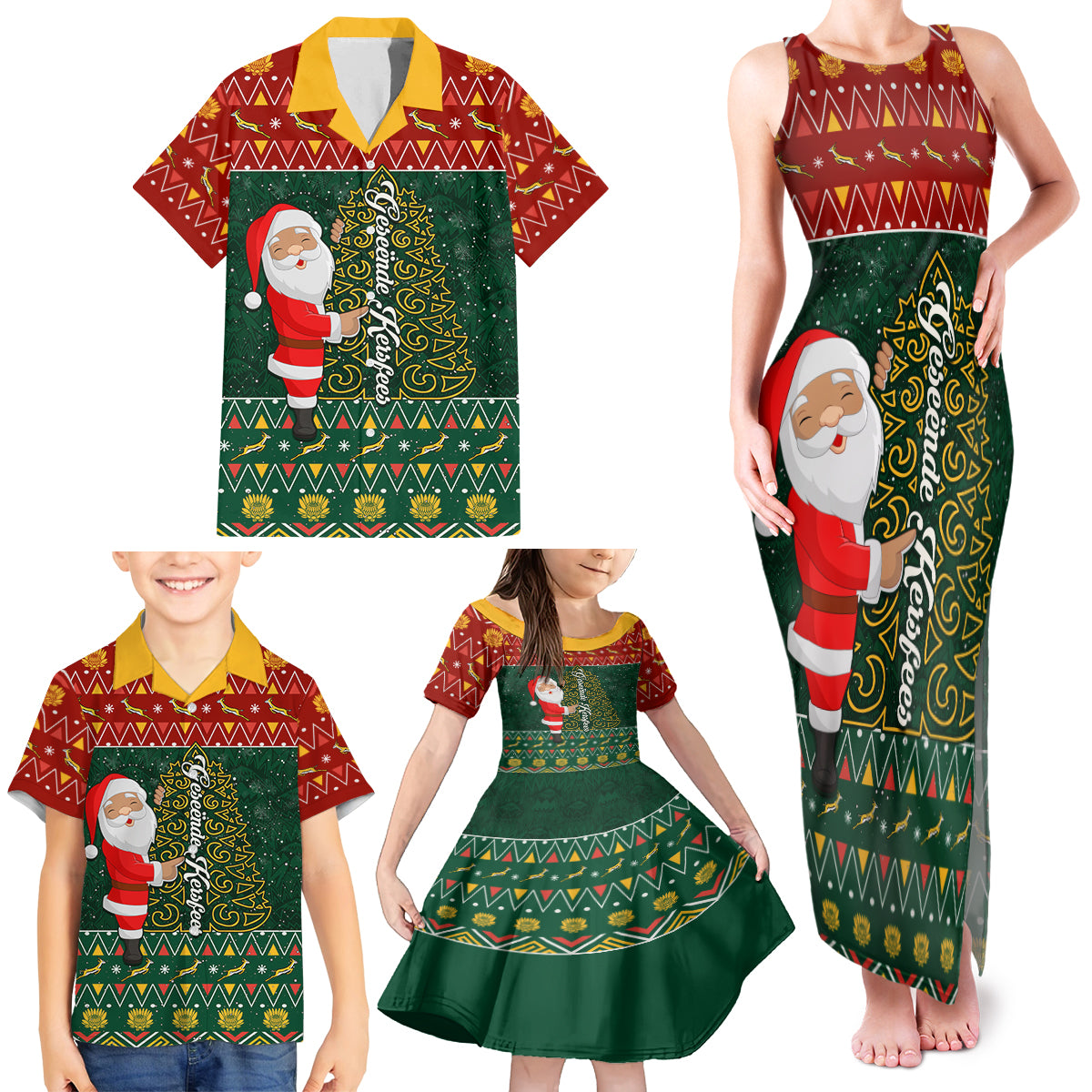 Custom South Africa Christmas Family Matching Tank Maxi Dress and Hawaiian Shirt Geseende Kersfees Santa Claus African Pattern - Wonder Print Shop