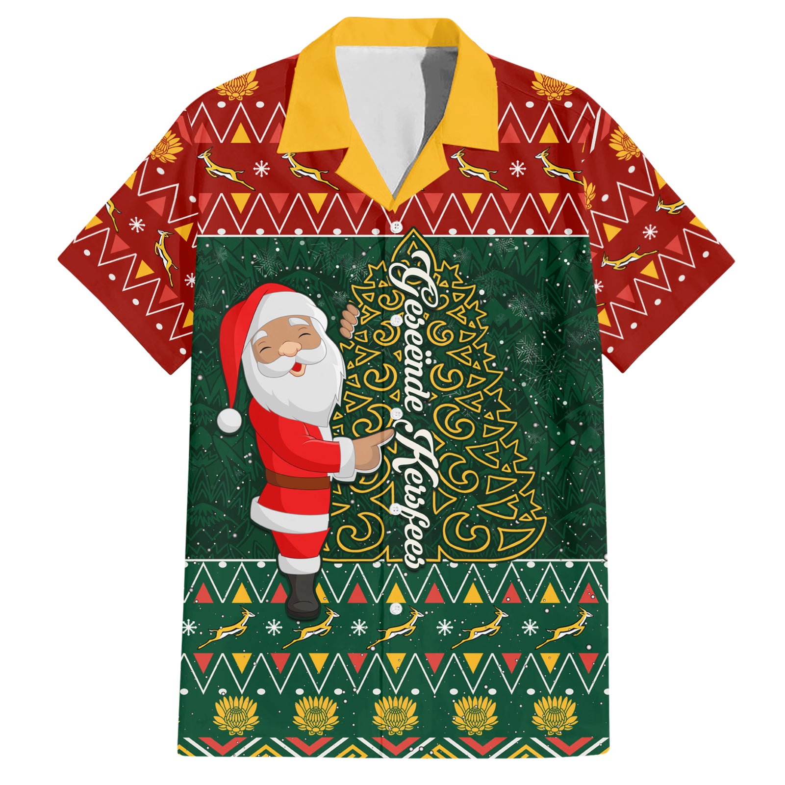 Custom South Africa Christmas Hawaiian Shirt Geseende Kersfees Santa Claus African Pattern - Wonder Print Shop