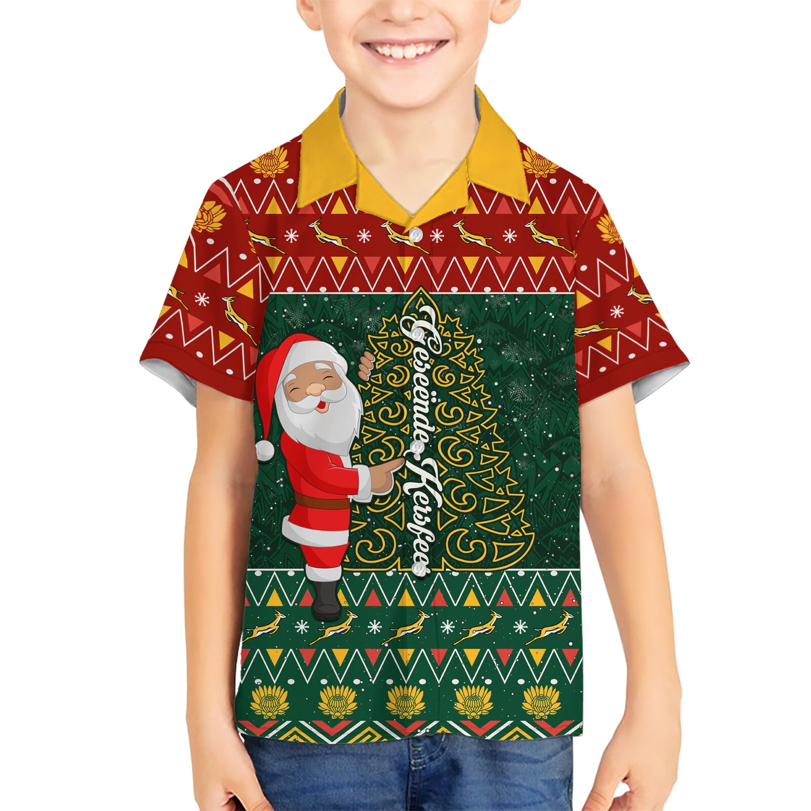 Custom South Africa Christmas Kid Hawaiian Shirt Geseende Kersfees Santa Claus African Pattern - Wonder Print Shop