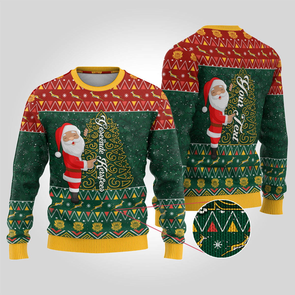 Custom South Africa Christmas Ugly Christmas Sweater Geseende Kersfees Santa Claus African Pattern - Wonder Print Shop