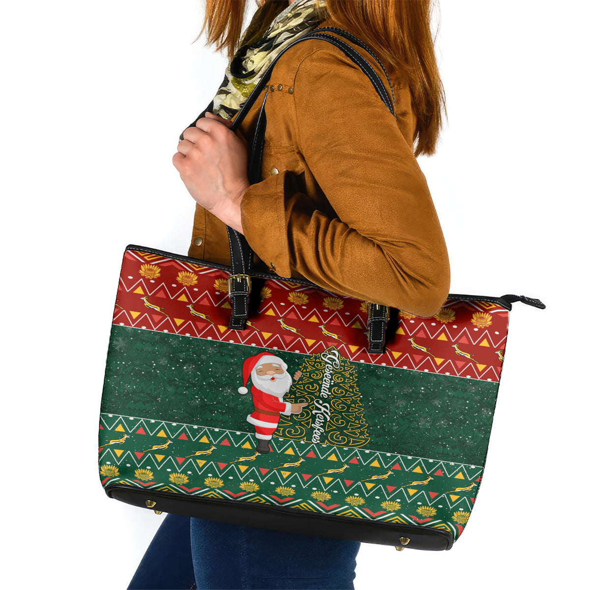 Custom South Africa Christmas Leather Tote Bag Geseende Kersfees Santa Claus African Pattern - Wonder Print Shop