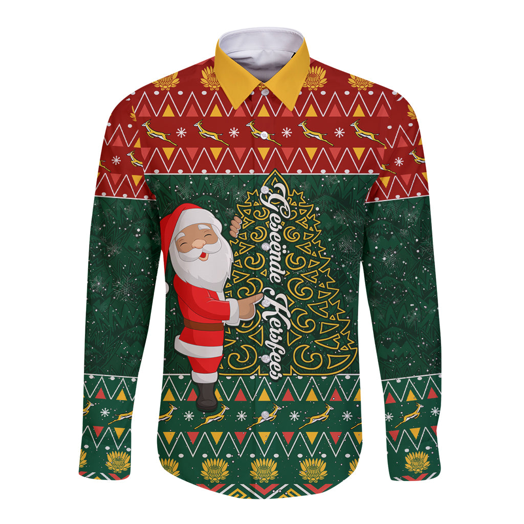 Christmas long-sleeve button shirt, red and green with Santa and Christmas tree graphic