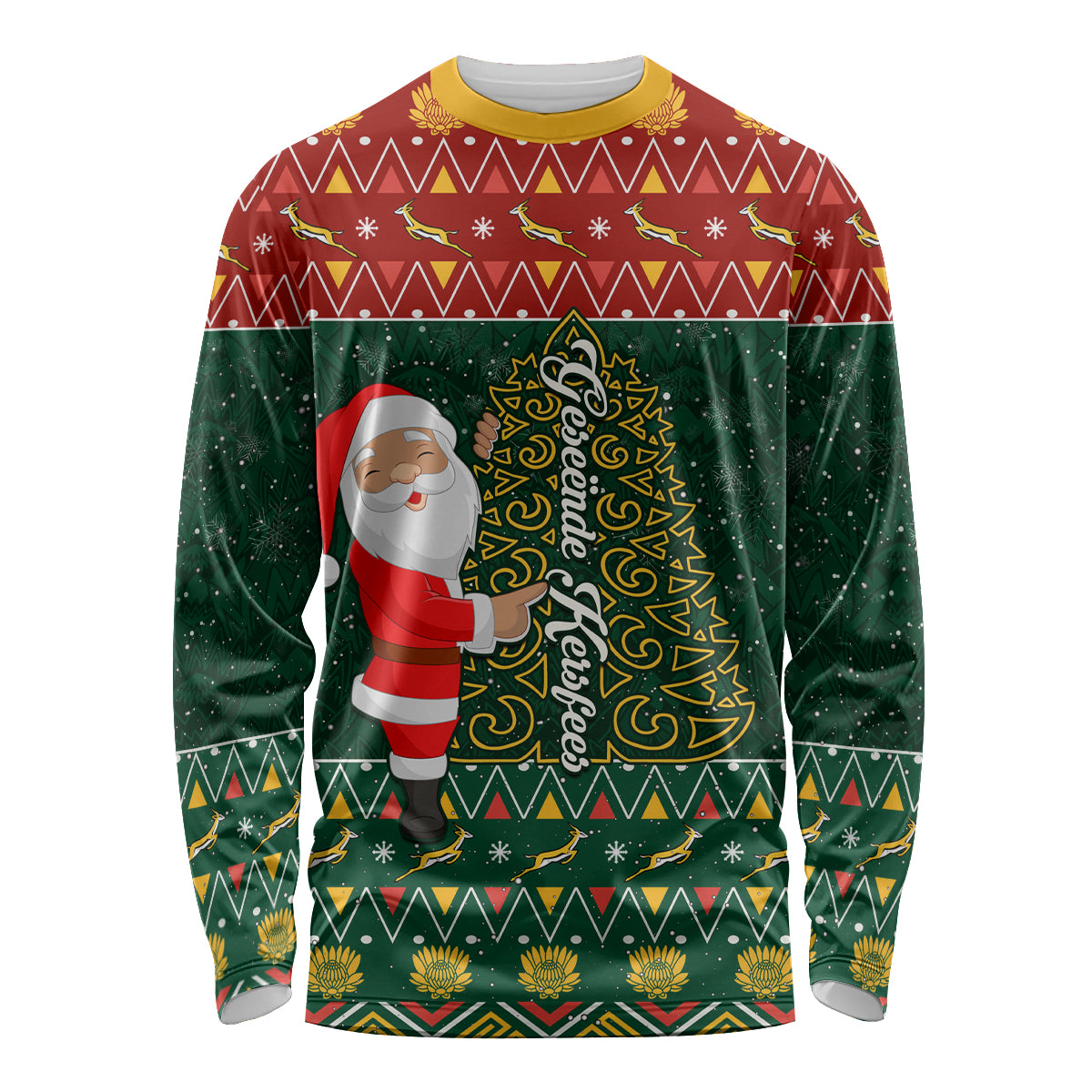 Custom South Africa Christmas Long Sleeve Shirt Geseende Kersfees Santa Claus African Pattern - Wonder Print Shop