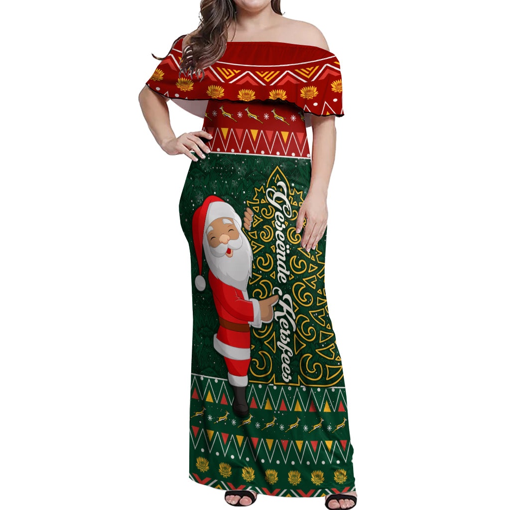 Custom South Africa Christmas Off Shoulder Maxi Dress Geseende Kersfees Santa Claus African Pattern - Wonder Print Shop