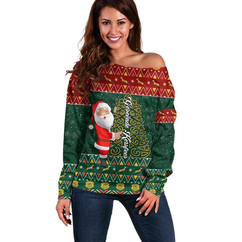 Custom South Africa Christmas Off Shoulder Sweater Geseende Kersfees Santa Claus African Pattern - Wonder Print Shop