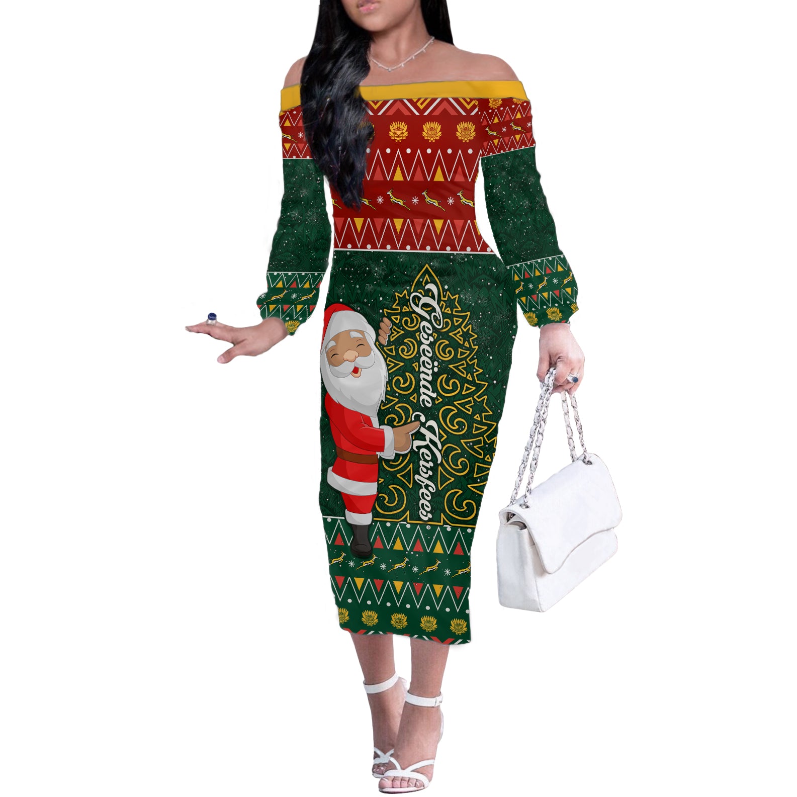 Custom South Africa Christmas Off The Shoulder Long Sleeve Dress Geseende Kersfees Santa Claus African Pattern - Wonder Print Shop