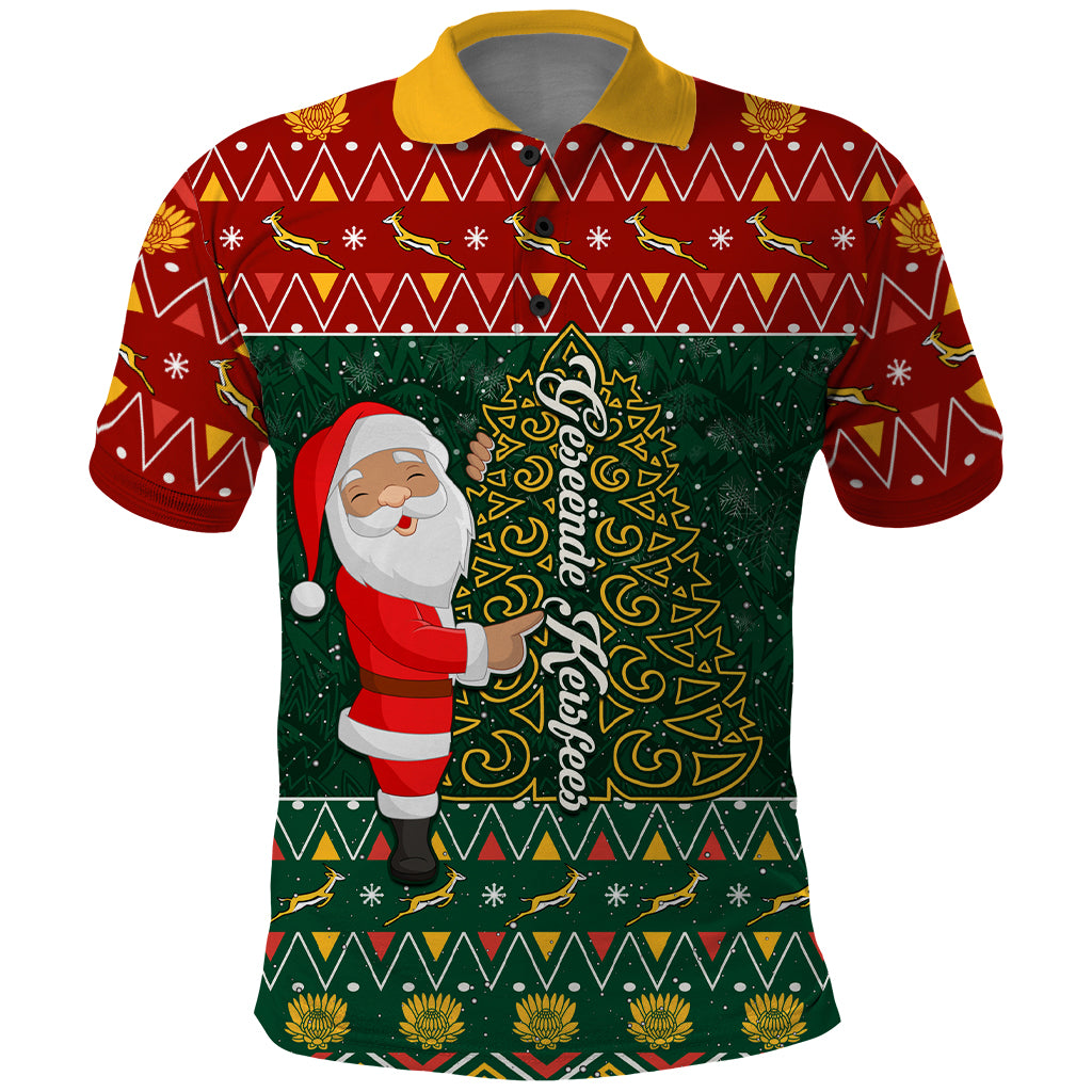 Custom South Africa Christmas Polo Shirt Geseende Kersfees Santa Claus African Pattern - Wonder Print Shop