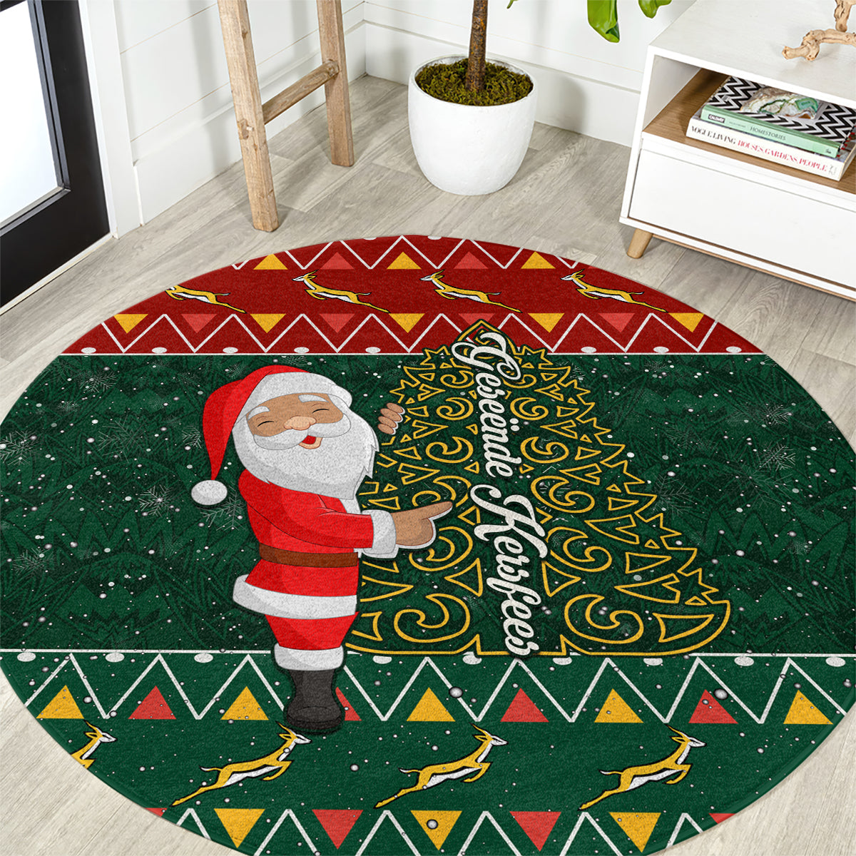 Round Christmas carpet in dark green with Santa holding tree and yellow swirls pattern