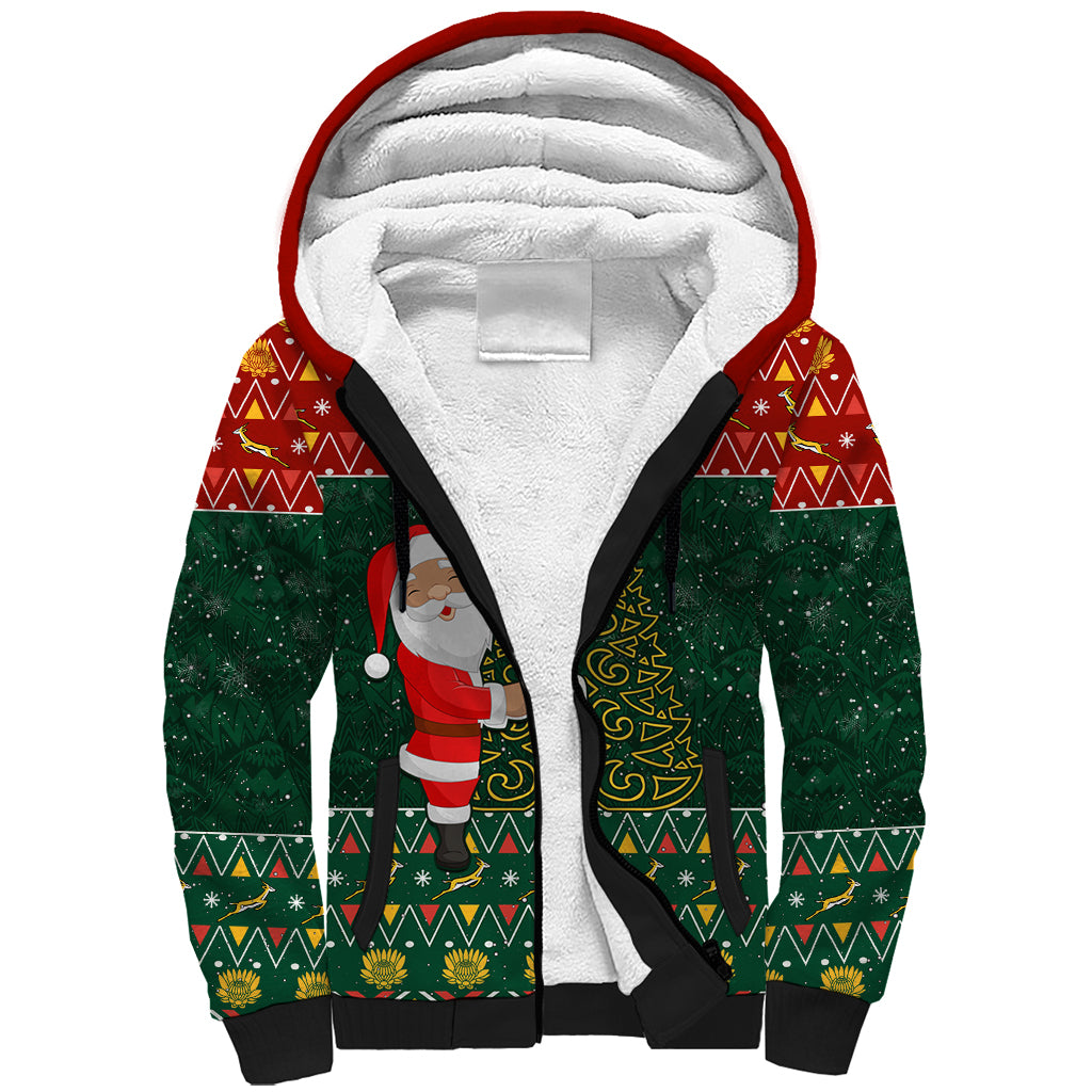 Custom South Africa Christmas Sherpa Hoodie Geseende Kersfees Santa Claus African Pattern - Wonder Print Shop