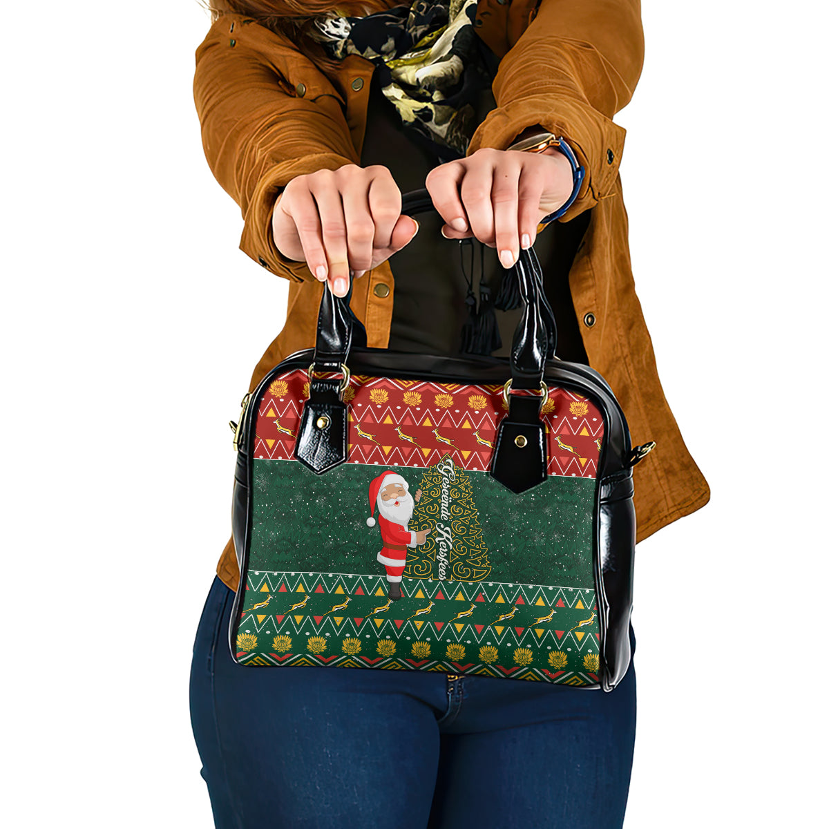 custom-south-africa-christmas-shoulder-handbag-geseende-kersfees-santa-claus-african-pattern