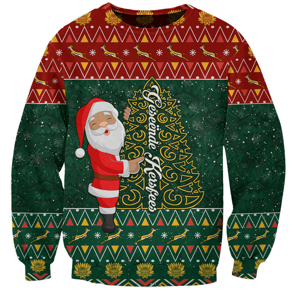 Unisex festive sweatshirt with Santa, stylized Christmas tree, and patterned trim