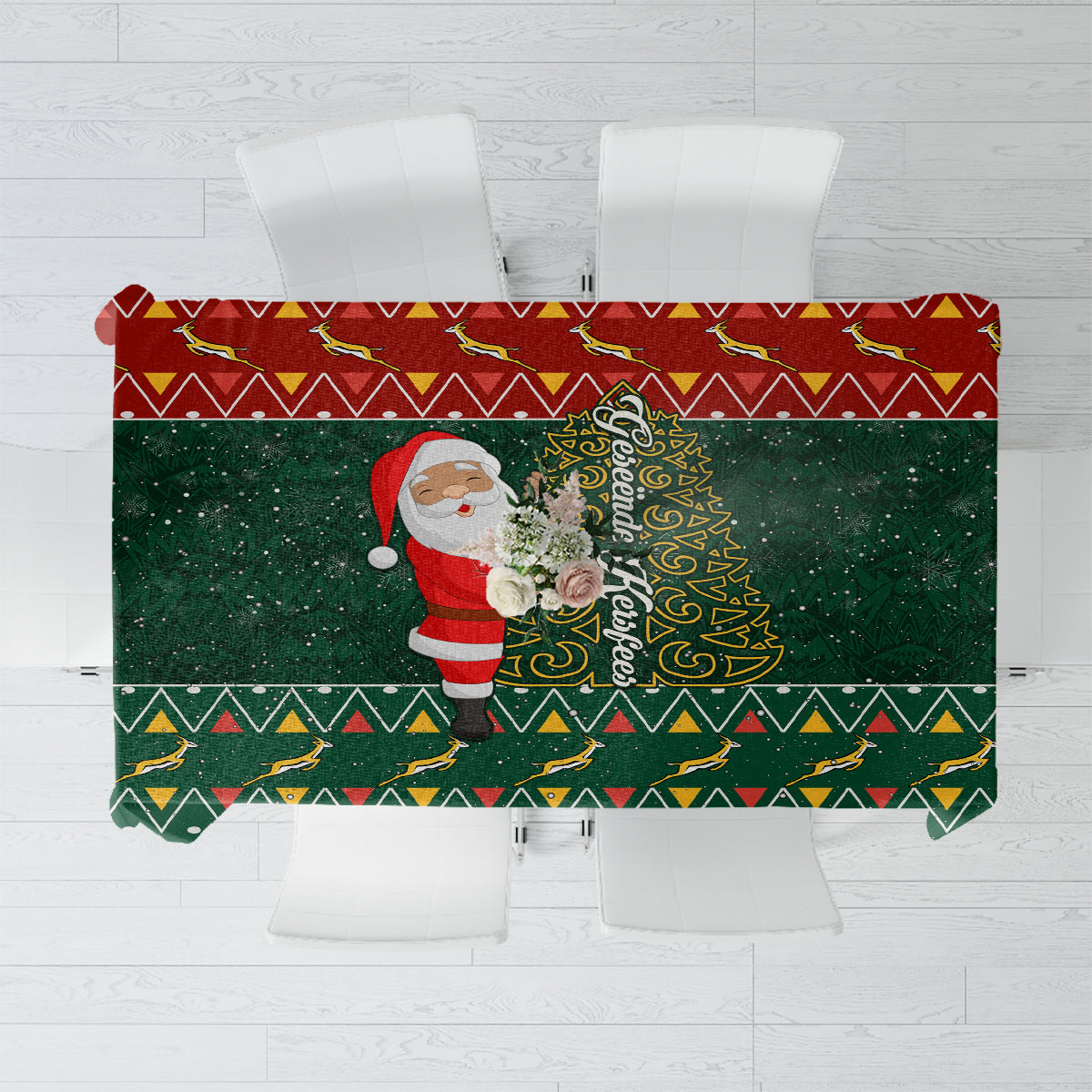 Christmas tablecloth with Santa illustration and green geometric border pattern