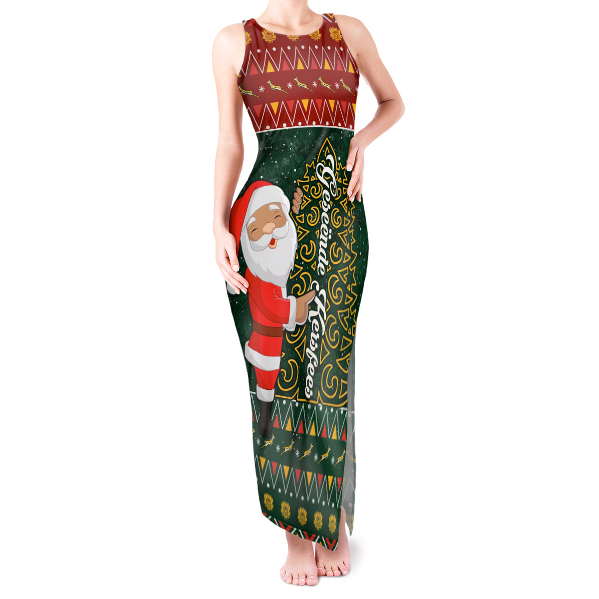 Custom South Africa Christmas Tank Maxi Dress Geseende Kersfees Santa Claus African Pattern - Wonder Print Shop