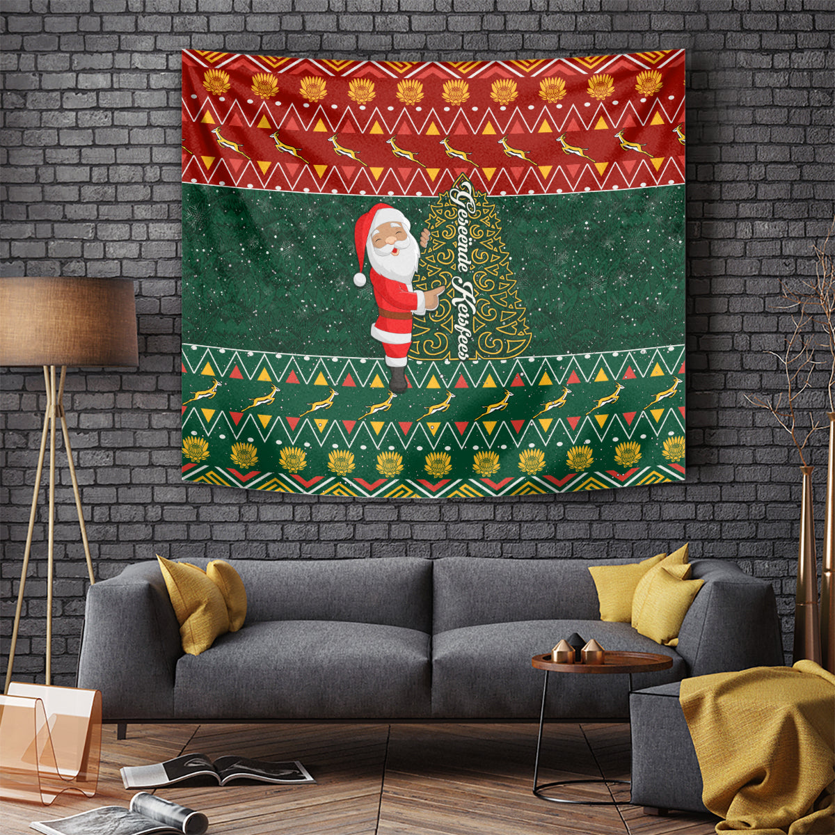 Wall-hanging Christmas tapestry with Santa beside a gold-green spiral tree, festive red border.