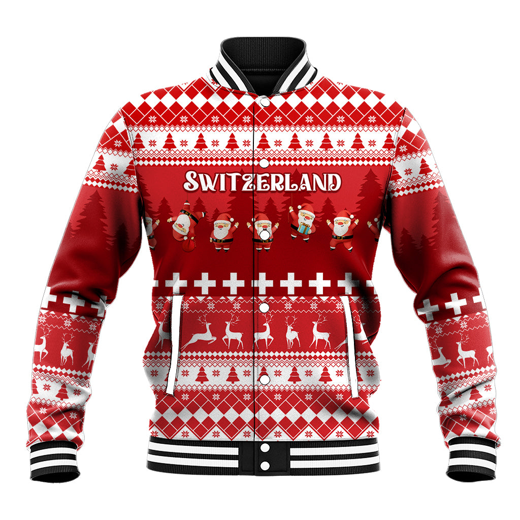 Red unisex baseball jacket with Christmas pattern, Switzerland text, ribbed black cuffs