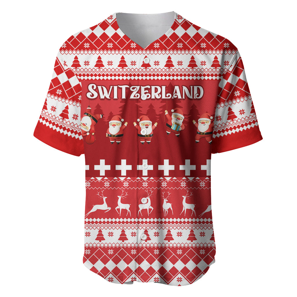 Red Christmas baseball jersey with Switzerland print, Santa, reindeer and snowflake pattern
