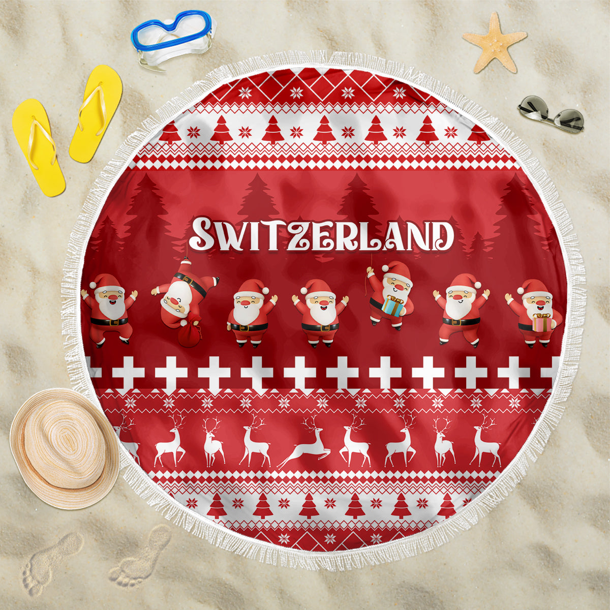 Red round Christmas beach blanket with fringe, 'SWITZERLAND' and Santa pattern
